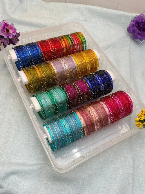 Luxurious Rain Drop Glass Bangles with Water Drop Kadas 12 Color Box - 062